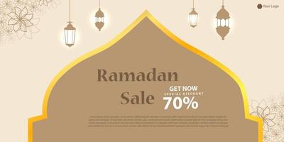 islámico linterna mes, Ramadán rebaja bandera decorado con brillante colgando lamparas y hermosa floral diseño. para saludos pancartas, póster mega rebaja descuento vector
