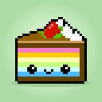 Pixel 8 bit A piece of rainbow cake. Birthday cake in vector illustration for game assets and cross stitch pattern.