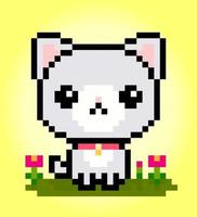 8 bit Pixel cat on garden. Animals for game assets in vector illustrations.