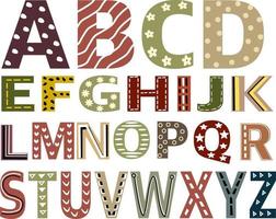 linda fuentes Inglés alfabeto decorado con puntos , geometría, líneas y garabatos capital letra vector ilustración. niños fuente vistoso diseño.