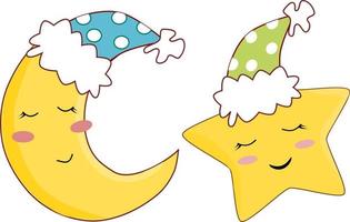 kawaii cute sleeping moon and star in nightcap isolated on transparent background. Crescent in white polka dot blue hat vector illustration. Sweet dream symbol.