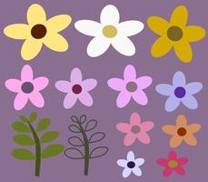 colorful simple flowers and branches set. vector illustration.