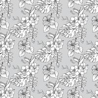 Hibiscus and orchid. Seamless pattern. Outline tropical flowers. Vector illustration.