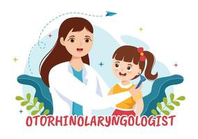 otorrinolaringólogo ilustración con médico relativo a el oreja, nariz y garganta en niños cuidado de la salud dibujos animados mano dibujado aterrizaje página plantillas vector