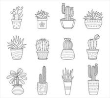 Set of outline doodle cactus and succulents. Collection with different types of cacti and home plants. Black and white linear vector illustrations isolated on white background.