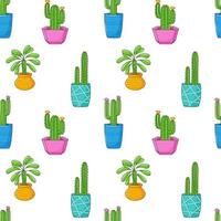 Seamless pattern with different cactus, succulent plant in bright flower pot. Cartoon Cacti. Hand drawing background with houseplants. Vector illustration on white background