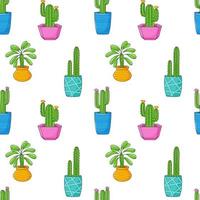 Seamless pattern with different cactus, succulent plant in bright flower pot. Cartoon Cacti. Hand drawing background with houseplants. Vector illustration on white background