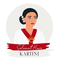 Selamat Hari Kartini. Translation - Happy Kartini Day. Kartini the hero of women and human right in Indonesia. Asian woman with dark hair surrounded with flowers. Flat Vector Illustration