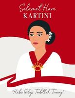 Selamat hari Kartini. Translation Happy Kartini day. Kartini is the hero of women education and human right in Indonesia. Woman on background of Indonesian flag. Flat Vector Illustration.