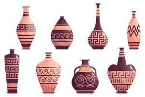 Greek vase ancient jar set isolated. Ceramic vase with greek symbol. Cartoon vector illustration. Pottery jar earthenware antique design