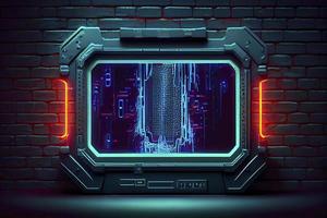 abstract background of sci fi hud ui neon frame on brick wall photo