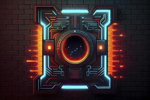 abstract background of sci fi hud ui neon frame on brick wall photo