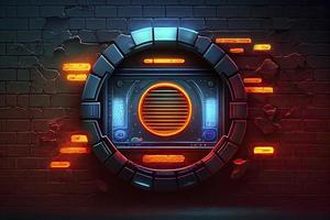 abstract background of sci fi hud ui neon frame on brick wall photo