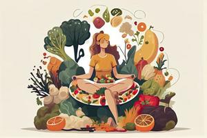 Mindful eating concept. Young woman, surrounded by tasty and healthy vegetables and fruits photo