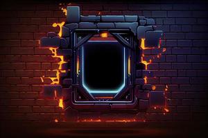 abstract background of sci fi hud ui neon frame on brick wall photo
