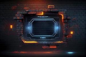 abstract background of sci fi hud ui neon frame on brick wall photo