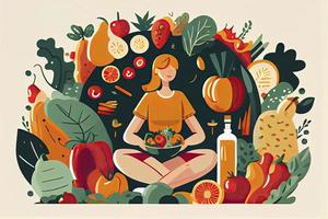consciente de comiendo concepto. joven mujer, rodeado por sabroso y sano vegetales y frutas foto