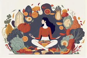 Mindful eating concept. Young woman, surrounded by tasty and healthy vegetables and fruits photo