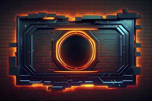 abstract background of sci fi hud ui neon frame on brick wall photo