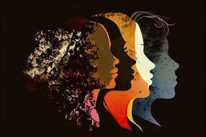 Woman face silhouette in profile with group of multicultural and multiethnic women faces inside photo