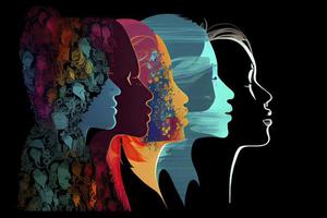 Woman face silhouette in profile with group of multicultural and multiethnic women faces inside photo