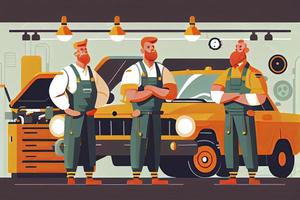 Cheerful team of auto mechanics against the background of a car service. Auto repair station workers photo