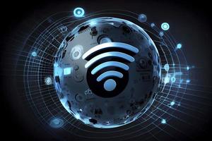 Wi Fi symbol, wireless networking digital hi tech innovation concept, free internet zone and hotspot photo