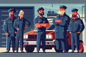 Cheerful team of auto mechanics against the background of a car service. Auto repair station workers photo