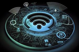 Wi Fi symbol, wireless networking digital hi tech innovation concept, free internet zone and hotspot photo