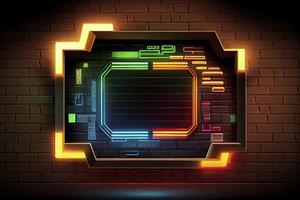 abstract background of sci fi hud ui neon frame on brick wall photo