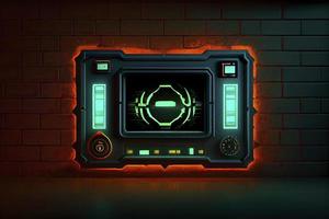 abstract background of sci fi hud ui neon frame on brick wall photo