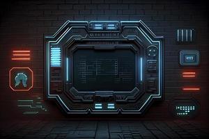 abstract background of sci fi hud ui neon frame on brick wall photo