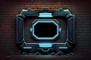 abstract background of sci fi hud ui neon frame on brick wall photo