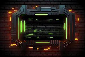 abstract background of sci fi hud ui neon frame on brick wall photo