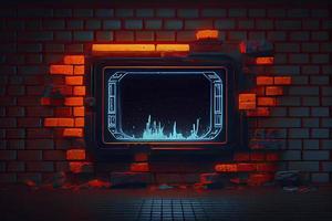 abstract background of sci fi hud ui neon frame on brick wall photo
