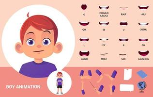 niño personaje boca animación con labio sincronizar gestos y artículos vector