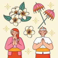 Happy nyepi day of silence bali hindu indonesia asset illustration object character vector flat design icon package of woman and man, with umbrella and jasmine set