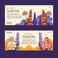 Vector flat design happy bali's day of silence nyepi hindu indonesia celebration web horizontal banner landing page template set of temple, pura, men and woman greeting gesture and umbrella package