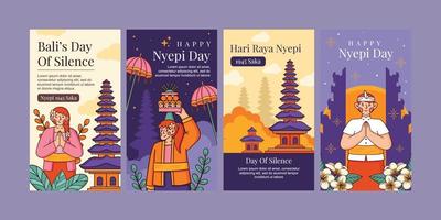 Happy Bali's day of silence nyepi celebration hindu indonesia post story vertical social media flat design vector template set of pretty woman, temple, pura, man package