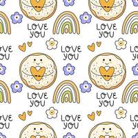 Colorful seamless pattern. Cute bright donuts. Love you phrase. Vector background. Perfect for wrapping paper, scrapbooking, textile prints, wallpaper