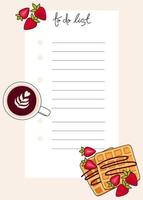 Belgian waffles vector illustration. Waffles with cup of coffee. Perfect for banner, website, poster, menu.Ideal for sheet, planner, to-do list, notes, notepad, diary.