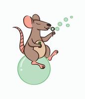 Funny mouse sits on soap bubble and blows bubbles. Design element. Vector illustration. Cute image isolated on white background
