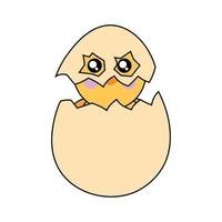 un polluelo se sienta en un cáscara de huevo vistiendo un cáscara de huevo máscara vector