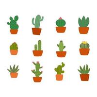 Cactus Plant Illustration Vector Set. Home plants cactus in pots and with flowers