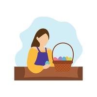 Woman putting Easter eggs in a basket vector