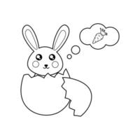 Coloring page rabbit sits in an eggshell and thinks about a carrot vector