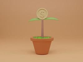 Seedling plant with coin flower in pot on light orange background. Long-term money growth concept. 3d render illustration. photo