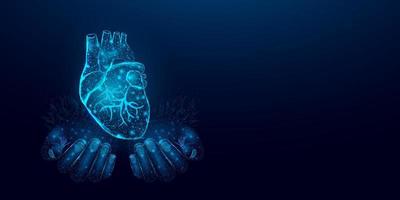 Two human hands are holds heart. Wireframe glowing low poly heart. Design on dark blue background. Abstract futuristic vector illustration.