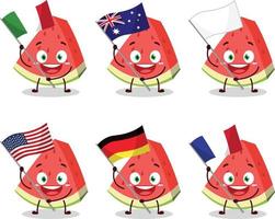 Slash of watermelon cartoon character bring the flags of various countries vector