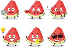 Slash of watermelon cartoon character with various types of business emoticons vector